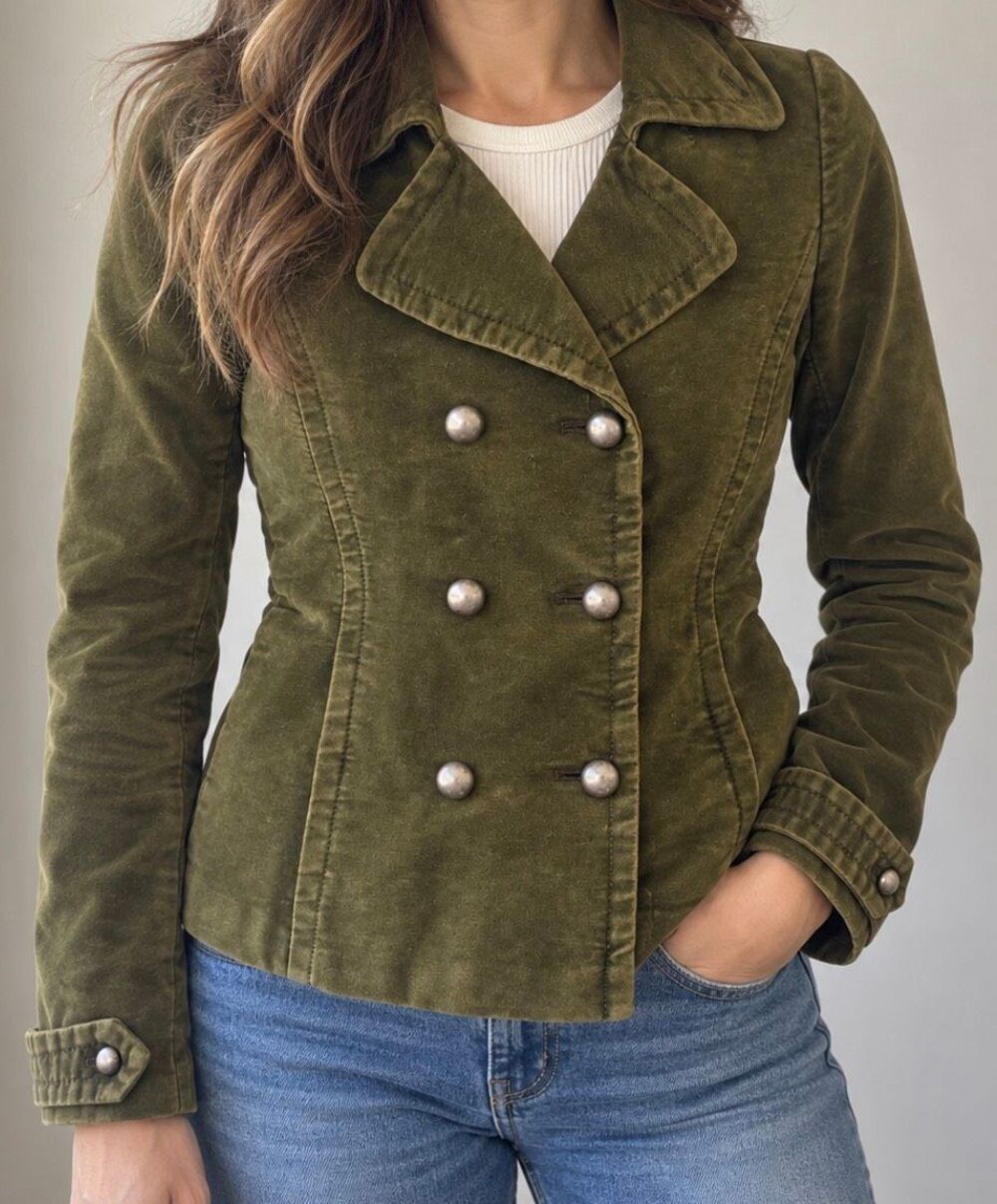 Love Olive Green Velvet Double Breasted Military Jacket Medium
